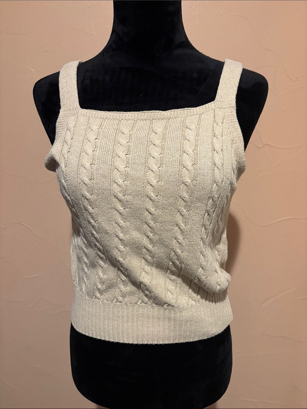 Cable Knit Square Neck Tank Top - Cream